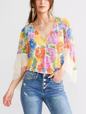 Willow & Root floral mesh wrap blouse with exagerated ruffled sleeves, size S
